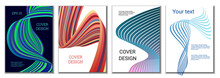 A Set Of 4 Abstract Covers. Wavy Parallel Gradient Lines, Ribbons Evolve. Cover Design, Background. Trendy Banner, Poster.