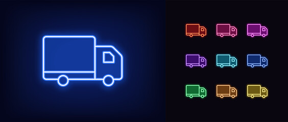 Wall Mural - Outline neon truck icon. Glowing neon truck sign, lorry pictogram in vivid colors. Order delivery, cargo transportation, lorry express shipping, freight shipment. Vector icon set, symbol for UI