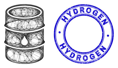 Wall Mural - Hatched irregular mesh oil barrel icon, and Hydrogen scratched round stamp seal. Abstract lines form oil barrel picture. Blue stamp seal includes Hydrogen caption inside round form.