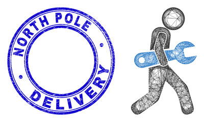 Wall Mural - Hatched irregular mesh spanner courier icon, and North Pole Delivery grunge round seal. Abstract lines form spanner courier illustration.