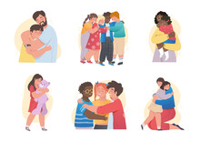 Set Of Warm Hugs. Little Boys And Girls Embracing Each Other, With Parents And Plush Toys. Manifestation Of Love, Care And Tenderness. Cartoon Flat Vector Collection Isolated On White Background