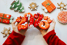 Banner For Christmas And New Year Gingerbread Cookies Numbers 2023 On White Background In Child Hands