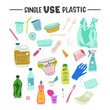 Single Use Plastic hand lettering inscription and set of clipart with used plastic objects. Hand drawn illustration with collection of different types of plastic garbage isolated on white background