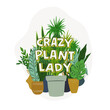 Cute and funny lettering inscription Crazy Plant Lady. Humorous saying about woman who adore care and grow houseplants. Hand drawn illustration for t-shirt print, card design, urban jungle poster