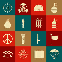 Poster - Set Parachute, Flag, Hand grenade, Military helmet, knife, Bomb ready to explode, Target sport for shooting competition and Detonate dynamite bomb stick icon. Vector