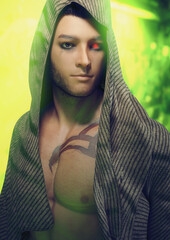 A 3d digital render of a young man with cybernetic eyes wearing a hooded cloak with a green glowing background.