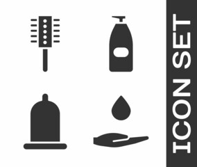 Sticker - Set Washing hands with soap, Hairbrush, Condom and Bottle of liquid antibacterial soap icon. Vector