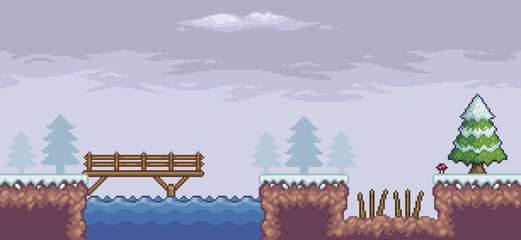 Wall Mural - Pixel art game scene in snow with pine trees, bridge, trap, lake and clouds 8 bit vector background