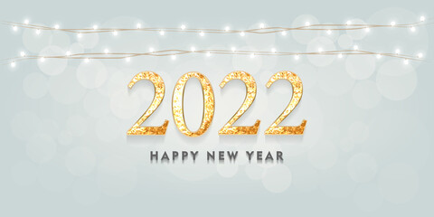 Wall Mural - 2022 Gold Shining numbers. Happy New Year greeting card. Vector illustration
