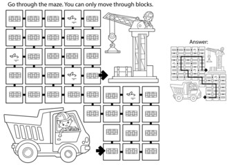 Wall Mural - Maze or Labyrinth Game. Puzzle. Coloring Page Outline Of cartoon lorry or dump truck. Elevating crane on build. Construction vehicles. Coloring book for kids.