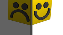 Happy And Sad 3d Cube Box Concept In White Background. Yellow 3d Geometric Emoticon Character  
