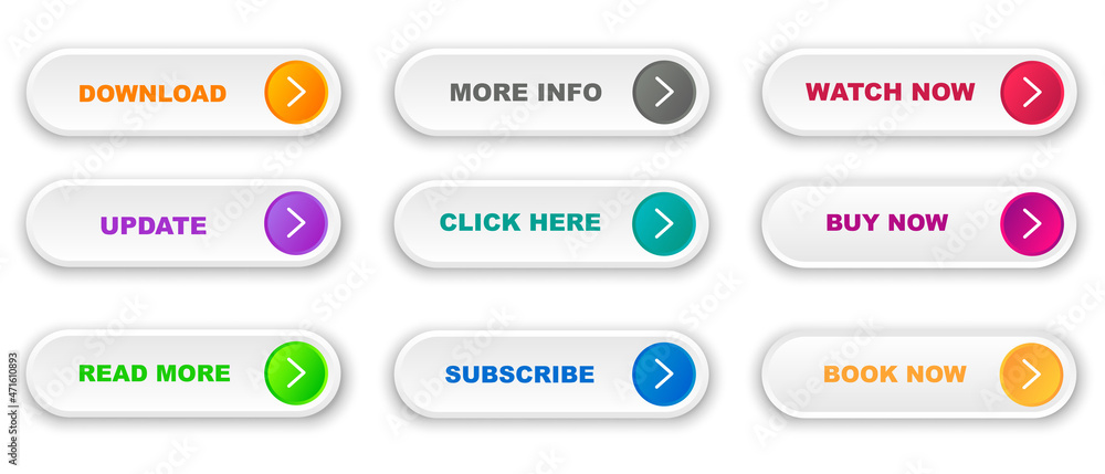 Set of modern trendy flat buttons. Different colors text. Read more ...