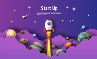 A rocket travelling through the planets, start up concept, design banner template, paper illustration, and 3d paper.