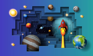 Wall Mural - A rocket travelling through the planets, start up concept, design banner template, paper illustration, and 3d paper.