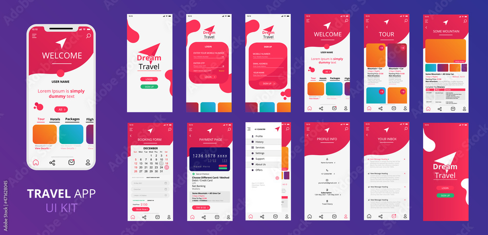 Tour and Travel app ui kit vector for responsive mobile app or website ...