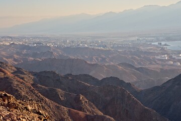 Shlomo Salomon mountain. View of the Eilat mountains. Against the background of the Aqaba Mountains, Jordan. The mountains, the city and the port. Red Sea. Eilat Israel. High quality photo