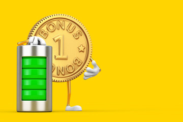 Poster - Golden Loyalty Program Bonus Coin Person Character Mascot with Abstract Charging Battery. 3d Rendering