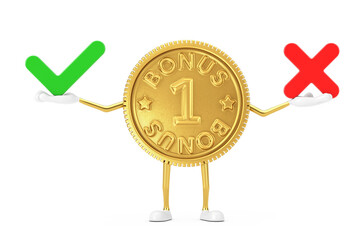 Aufkleber - Golden Loyalty Program Bonus Coin Person Character Mascot with Red Cross and Green Check Mark, Confirm or Deny, Yes or No Icon Sign. 3d Rendering