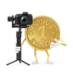 Leinwandbilder - Golden Loyalty Program Bonus Coin Person Character Mascot with DSLR or Video Camera Gimbal Stabilization Tripod System. 3d Rendering