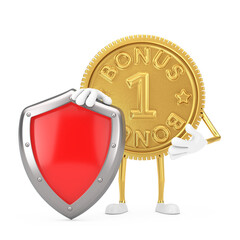 Poster - Golden Loyalty Program Bonus Coin Person Character Mascot with Red Metal Protection Shield. 3d Rendering