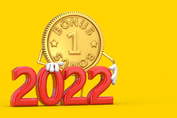 Aufkleber - Golden Loyalty Program Bonus Coin Person Character Mascot with Red 2022 New Year Sign. 3d Rendering