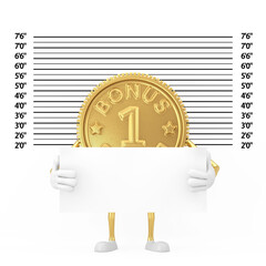Aufkleber - Golden Loyalty Program Bonus Coin Person Character Mascot  with Identification Plate in front of Police Lineup or Mugshot Background. 3d Rendering