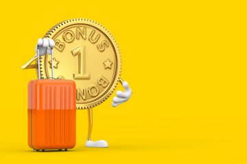 Poster - Golden Loyalty Program Bonus Coin Person Character Mascot with Orange Travel Suitcase. 3d Rendering