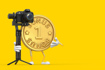 Poster - Golden Loyalty Program Bonus Coin Person Character Mascot with DSLR or Video Camera Gimbal Stabilization Tripod System. 3d Rendering
