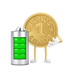 Poster - Golden Loyalty Program Bonus Coin Person Character Mascot with Abstract Charging Battery. 3d Rendering