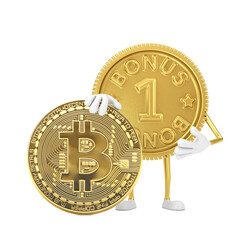 Poster - Golden Loyalty Program Bonus Coin Person Character Mascot with Digital and Cryptocurrency Golden Bitcoin Coin. 3d Rendering