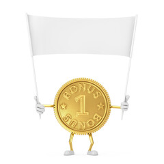 Poster - Golden Loyalty Program Bonus Coin Person Character Mascot and Empty White Blank Banner with Free Space for Your Design. 3d Rendering