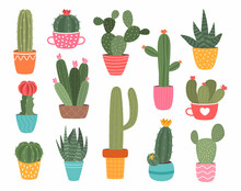 Cactus In Pots. Succulent Plant Home Decoration, Cute Cartoon Garden Cactus With Blossom And Thorns. Spiky Floral Greenery, Botanical Blooming Decor Elements. Houseplants Vector Isolated Set