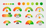 Fototapeta  - Customer satisfaction meter. Stress level gauge graph. Progress chart with smile faces. Emotion rate measuring interface. Feedback or survey. Feeling indication. Vector dial diagrams set