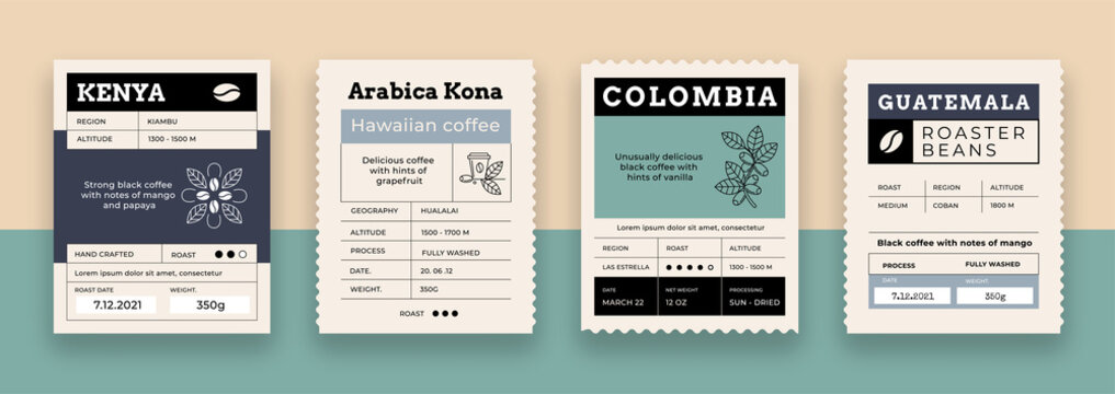 Wall Mural - Coffee label. Food package label mockup with minimalistic grid layout. Organic Arabica espresso sticker with place for text. Caffeine roasted beans packaging. Vector vintage brand tag set