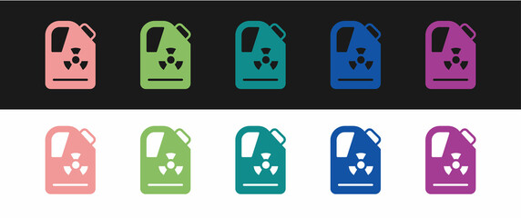 Poster - Set Radioactive waste in barrel icon isolated on black and white background. Toxic refuse keg. Radioactive garbage emissions, environmental pollution. Vector