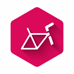 Wall Mural - White Bicycle frame icon isolated with long shadow. Pink hexagon button. Vector