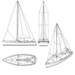 Set with the contours of a small yacht with a sail of black lines isolated on a white background. Front view, isometric, side, top. Vector illustration