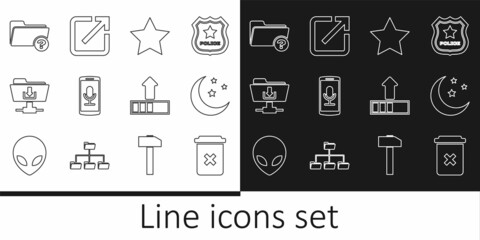 Sticker - Set line Trash can, Moon and stars, Star, Mobile recording, FTP folder download, Unknown directory, Loading and Open new window icon. Vector