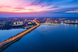 Fototapeta Sawanna - Aerial top view of city Kazan Kazanka river embankment sunset, Tatarstan Russia