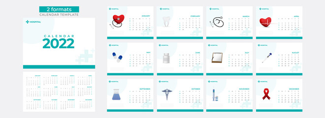 Sticker - Two Formats Of 2022 Yearly Calendar Design In Pastel Blue And White Color For Medical Concept.