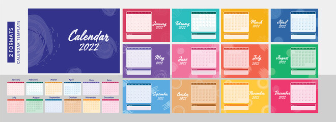 Sticker - Colorful Complete Set Of 12 Month Calendar Design With Two Formats For 2022 Year.