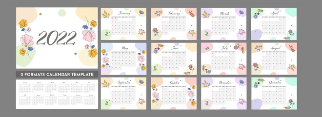 Canvas Print - 2022 Floral Yearly Calendar Template Layout In Two Formats.