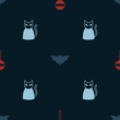 Set Lollipop, Flying bat and Black cat on seamless pattern. Vector