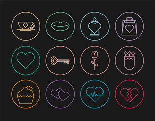 Poster - Set line Broken heart, Quiver and arrows with, Bottle love potion, Key in shape, Heart, Coffee cup, Flower rose and Smiling lips icon. Vector