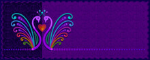 Decorative Peacock Graphics On A Purple Background.