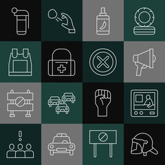 Poster - Set line Police helmet, Television report, Megaphone, Pepper spray, First aid kit, Bulletproof vest, Hand grenade and X Mark, Cross in circle icon. Vector