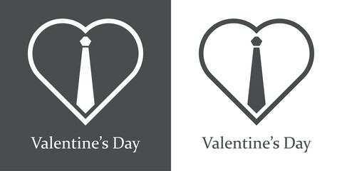 Poster - Logotipo texto Valentine's Day con corbata en corazón con líneas en fondo gris y fondo blanco