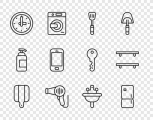 Poster - Set line Cutting board, Refrigerator, Spatula, Hair dryer, Clock, Mobile phone, Washbasin and Empty wooden shelves icon. Vector