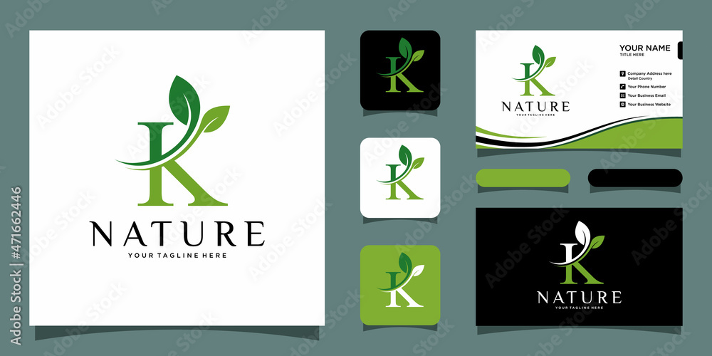 K letter logo design with a of leaves with business card design. Stock ...