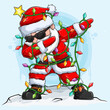 Christmas Santa claus character doing dabbing dance surrounded by christmas tree lights